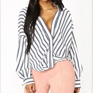 Navy Blue & White Striped Twist Front Blouse